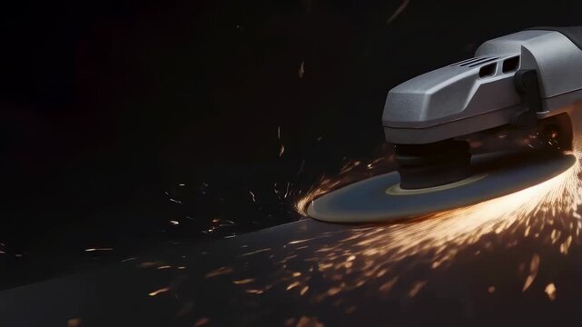Angle grinder cuts metal in a dark industrial workshop, sending bright sparks across the workpiece. Industrial equipment advertising, metalworking tutorials, and construction presentations.