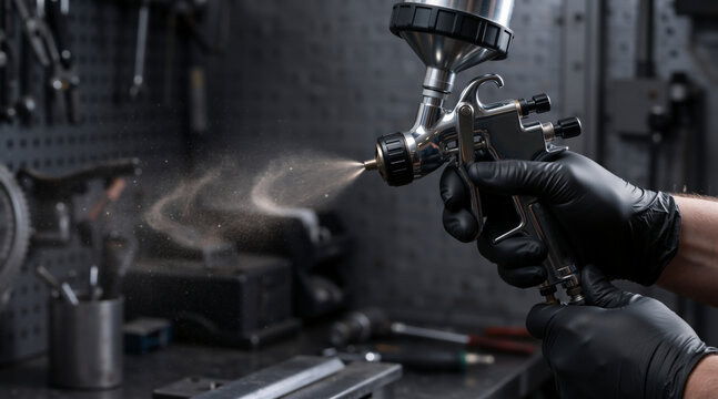 Close up of worker holding paint spray gun in workshop. Professional spraying metallic paint with protective black gloves. Industrial painting and refinishing concept