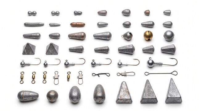 Assorted fishing sinkers and weights in different shapes and sizes