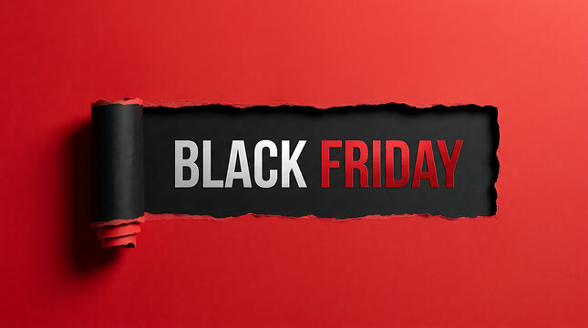 A bright red paper background with a torn center revealing a black space featuring the bold text black friday sale