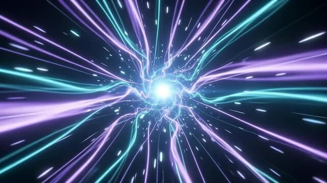 Futuristic light speed tunnel with glowing purple and blue energy streaks traveling through space time warp dimension for digital technology concept