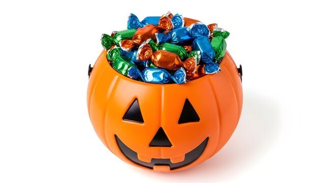 Halloween pumpkin bucket filled with wrapped candy isolated on white background