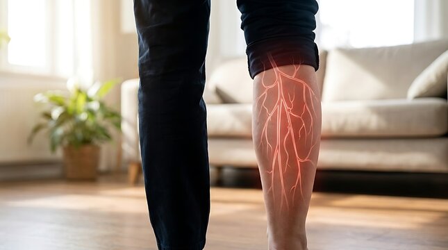 Close-up of person's leg with red glowing vein overlay illustrating vascular pain and circulation issues in a home setting