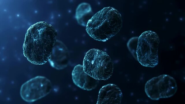 Glowing biological cells drift through a dark microscopic fluid environment. Medical science education, biology presentations, and biotechnology communication.