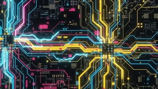 Circuit board technology background showing electronic data processing and microchip connections in a glowing digital futuristic cyber network environment