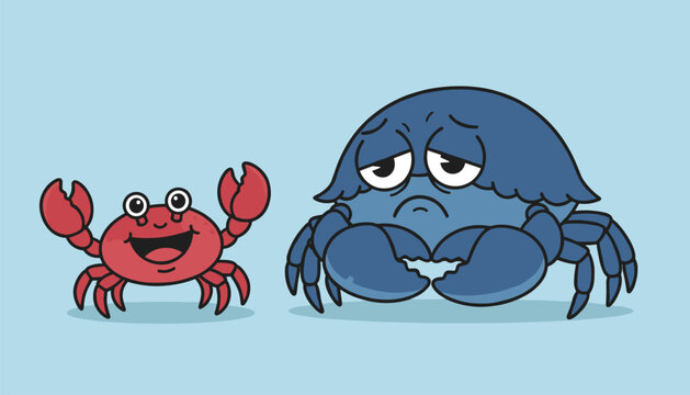 Comparative illustration featuring a small happy red crab and a much larger sad looking blue crab on a light blue background.