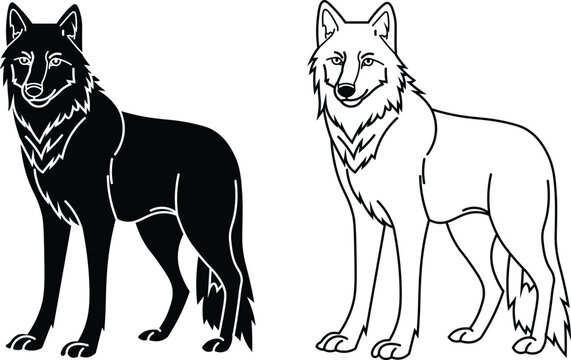 Two detailed woodcut style illustrations of a majestic wolf in contrasting tones