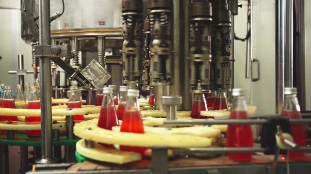Close-up of industrial bottling equipment precisely filling glass containers with liquid during high-speed beverage production process in factory