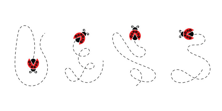 Ladybug Trail Icon Set &ndash; Cute Ladybird Insects with Dotted Curved Paths and Playful Vector Collection, EPS 10