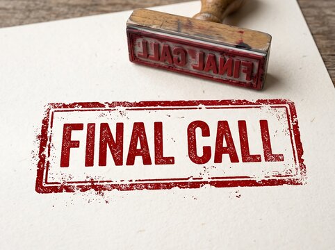 Final Call red rubber stamp on paper, vintage wooden stamper with urgent message, deadline and last chance concept