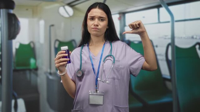 Woman nurse holds medicine bottle and gives thumbs down gesture in building wearing scrubs and stethoscope and badge lanyard; safety concern.