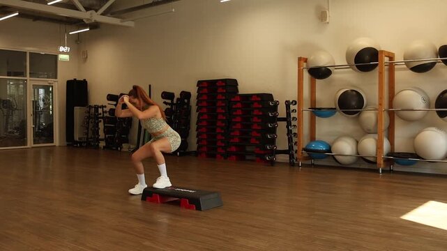 Woman performing standing exercise in gym, strength training, active lifestyle.