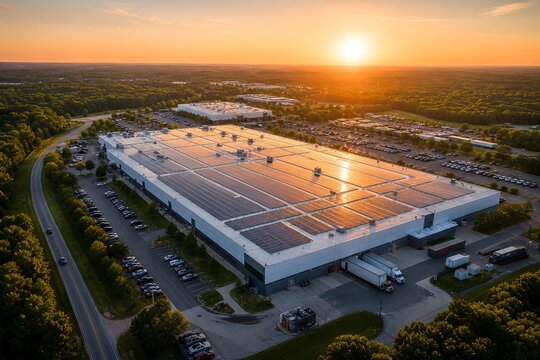 Sunset Aerial Shot of Industrial Distribution Center Covered with Solar Panels