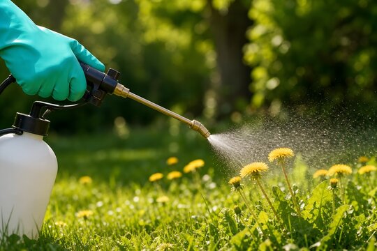 Person in Protective Gloves Spraying Weed Killer Herbicide on Lawn Dandelions