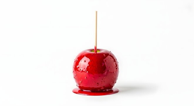 Red candy apple with a wooden stick isolated on white background