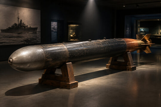 Decommissioned naval torpedo on wooden display cradles in museum, naval history concept