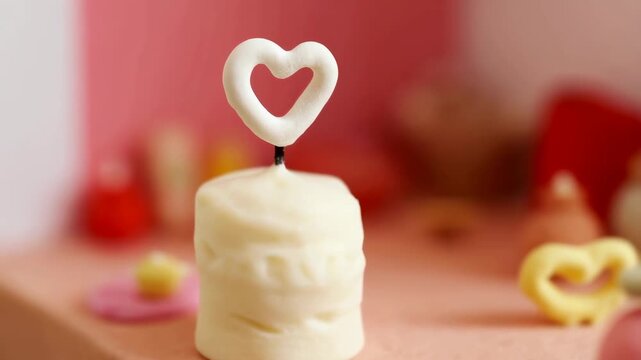 Small frosted heart topper cake sits on a pastel dessert table with blurred pastries. Bakery advertising, wedding dessert promotion, and anniversary celebration marketing.