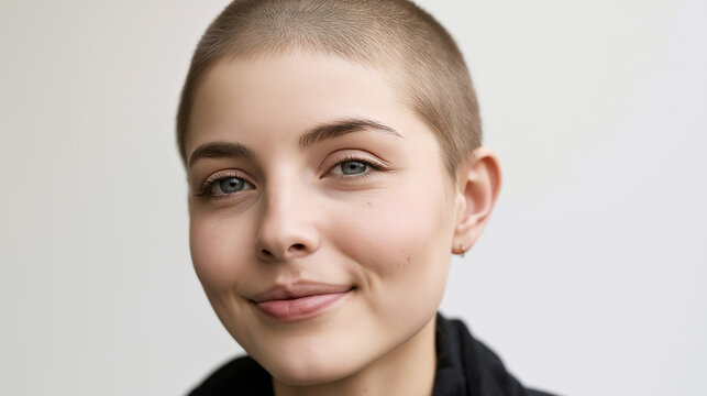 Young woman with buzz cut smiling in studio portrait