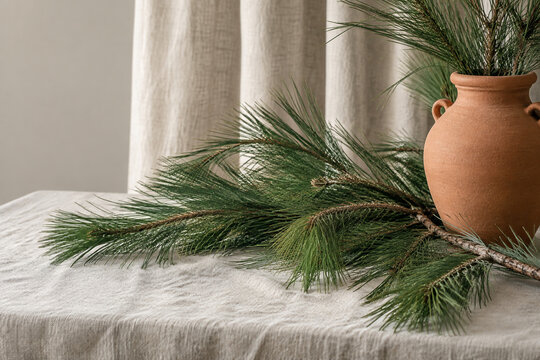 Longleaf pine branches with terracotta urn on linen cloth, natural decor concept