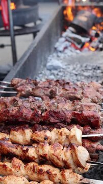 Meat Kebabs Grilling on Skewers over Hot Charcoal and Open Flame. Barbecue and Outdoor Cooking Close Up