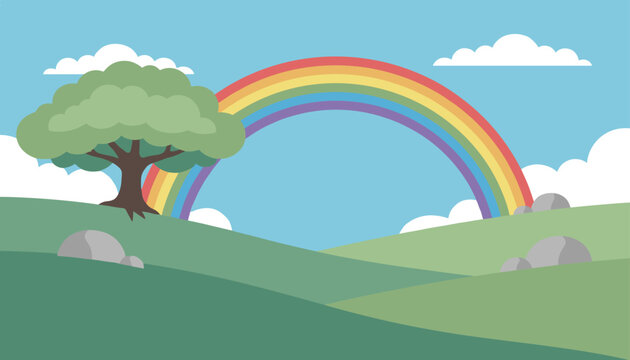 Beautiful peaceful landscape with green rolling hills, a large oak tree, and a colorful rainbow in the blue sky.