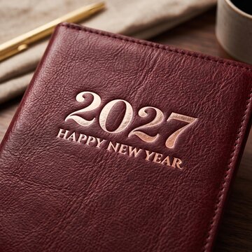A maroon leather planner for the year 2027 with happy new year embossed on the front cover