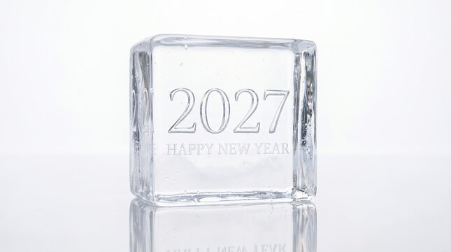A transparent glass cube featuring the year 2027 engraved on the front surface against a white background