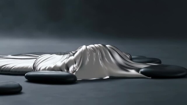 Reflective metallic fabric form ripples and morphs across a dark surface among smooth black stones. Motion design projects, technology presentations, and fashion and textile concepts.