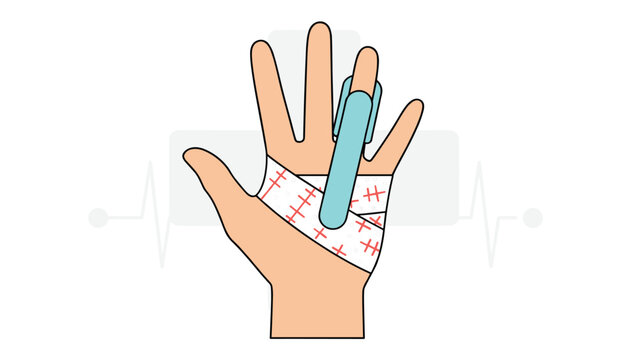 Injured hand with medical bandage wrapped around palm and a blue protective splint supporting the middle finger.