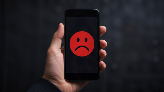 Hand holding a smartphone displaying a red sad face emoji. Concept of negative customer feedback and bad online review