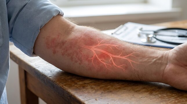 Close up of human forearm with inflamed skin and highlighted red blood vessel network concept