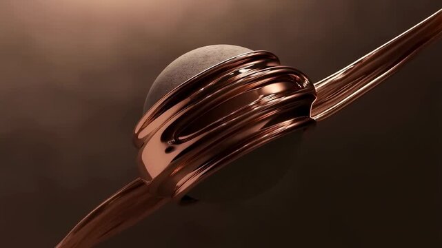 Metallic sphere wrapped by flowing copper ribbons in a dark abstract 3D environment. Technology presentations, innovation branding, and energy concept sequences.
