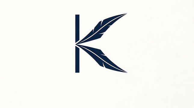 Minimalist letter K logo with quill feathers, elegant navy blue monogram on white background, professional branding icon for writers