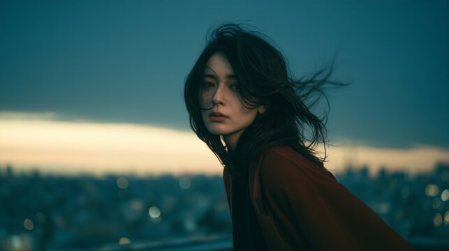 Woman with long hair standing on a rooftop at dusk with city lights in the background