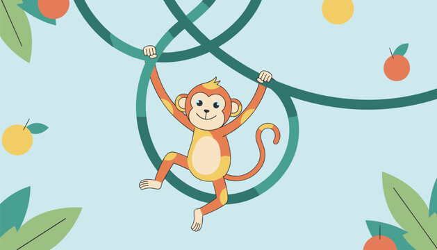 Playful cartoon monkey swinging on green jungle vines in a tropical setting with oranges and leaves on a light blue background.