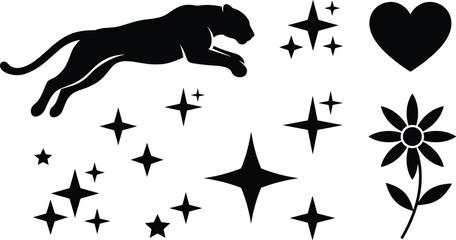 Fototapeta premium Minimalist black silhouette vector element set featuring leaping wild panther cougar sparkling four point stars heart shape symbol and blooming daisy flower