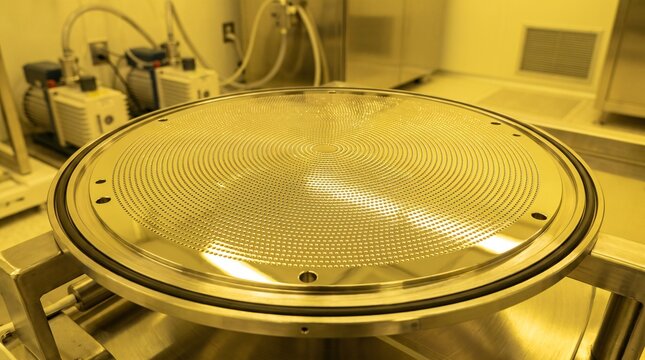 Macro view of precision nickel alloy showerhead gas distribution plate with circular micro injection holes for atomic layer deposition ald equipment inside semiconductor wafer cleanroom reactor