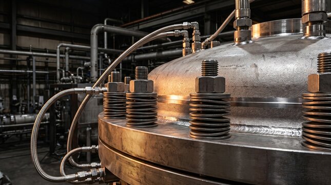 Industrial photograph of heavy forged inconel alloy supercritical water autoclave reactor vessel head with high pressure hydraulic flange fittings for chemical plastic recycling depolymerization