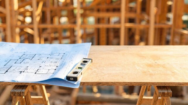 Architectural blueprints and spirit level on wooden workbench at construction site