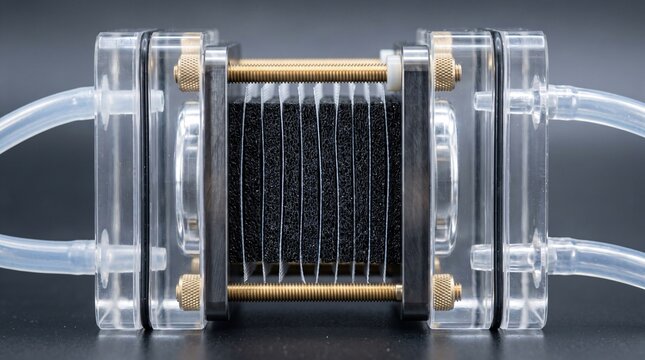 Macro photograph of stacked porous carbon aerogel electrode plates compressed between graphite current collectors for low energy capacitive deionization cdi water desalination purificator module
