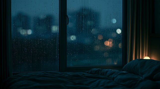 Rain falls on a window at night, with lights shining in the background near a bed