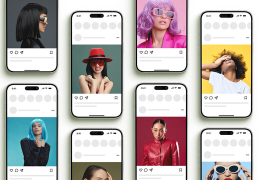 Phone Multi Screen Social Media Post and Stories Feed Mockup