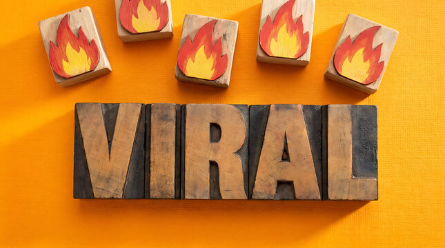 Wooden blocks spelling the word viral arranged in a line with small wooden fire icons placed above each letter on a bright orange background, representing trending and, social media popularity