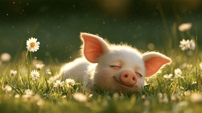 Piglet rests peacefully on green grass surrounded by small white flowers in a sunny field