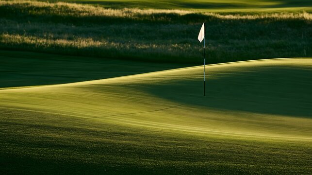Golf course with flag on green surface during evening light