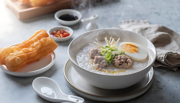 Delicious asian soup with dumplings and bread