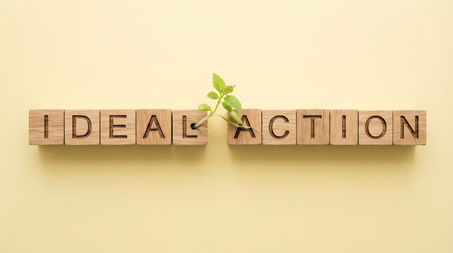 Wooden blocks spelling the words action with a small green plant sprout growing from the gap between the two words, set against a soft, light yellow background, representing growth and progress