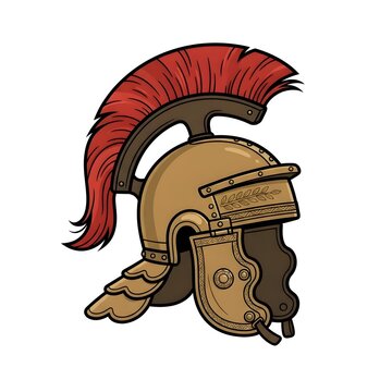Classical Roman centurion or Greek Spartan warrior helmet with a prominent red plume, crafted in brass and gold tones. Isolated on white background.