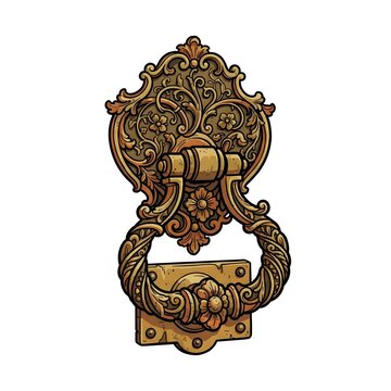 Vintage ornate brass door knocker featuring intricate floral and scrollwork designs. Elegant antique architectural hardware isolated on white.