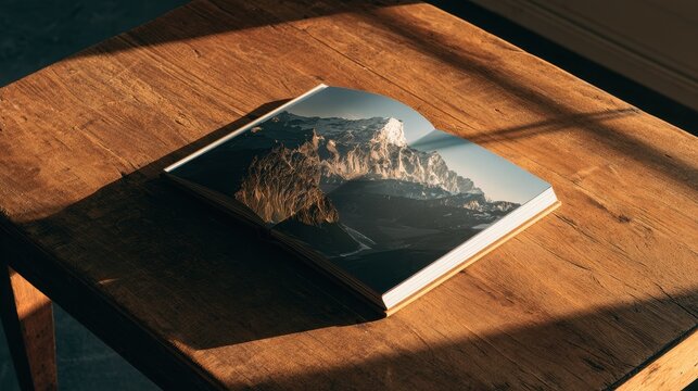 Cozy wood grain table scene featuring a mountain landscape image under window light
